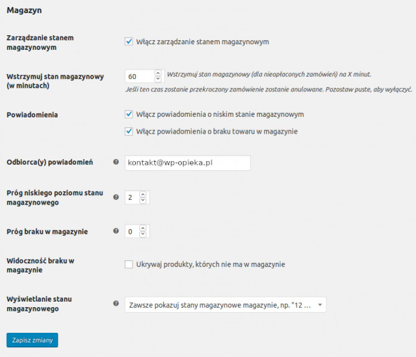Widok kokpitu WooCommerce z ustawieniami dotyczącymi stanów magazynowych