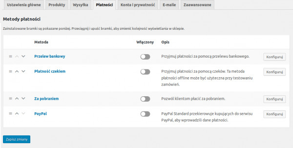 Kokpit WooCommerce - ustawienia metod płatności