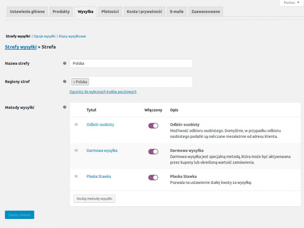 Widok kokpitu WooCommerce z ustawieniami wysyłki