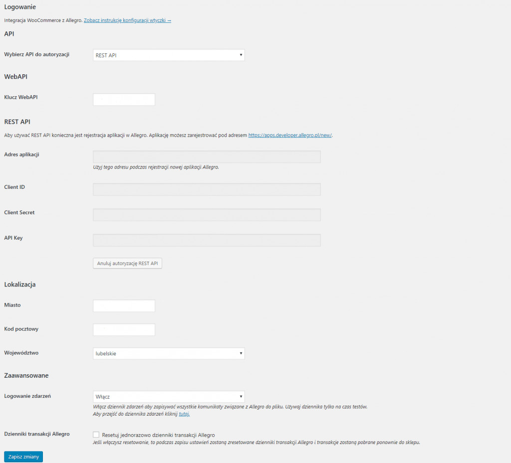 Formularz integracji WooCommerce z Allegro