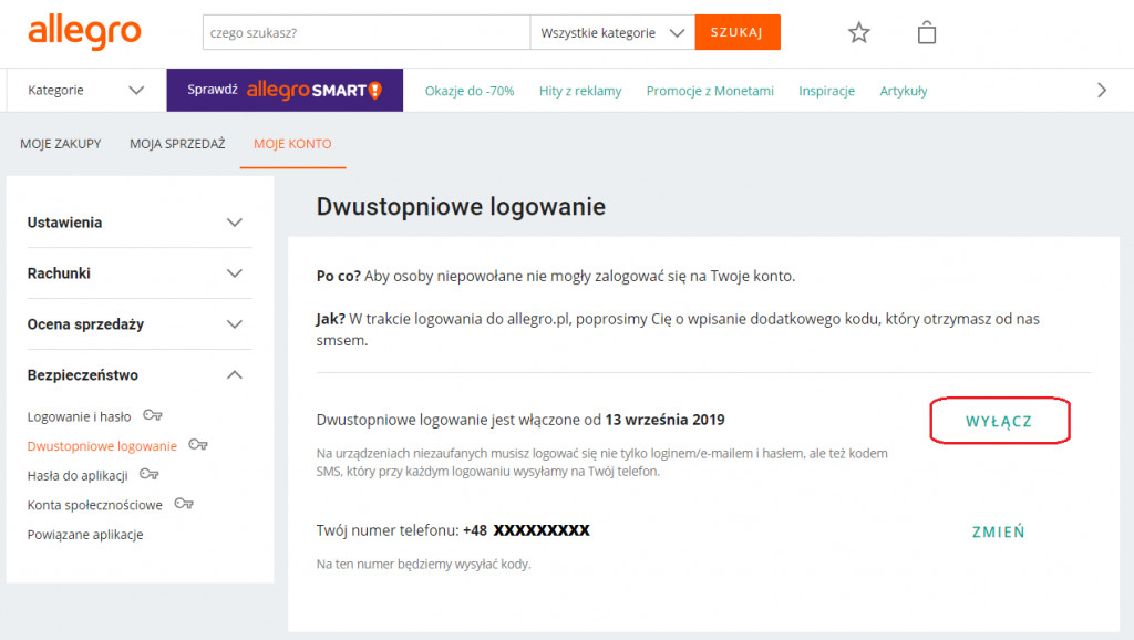 Strona Allegro - widok ustawień dwuetapowego logowania