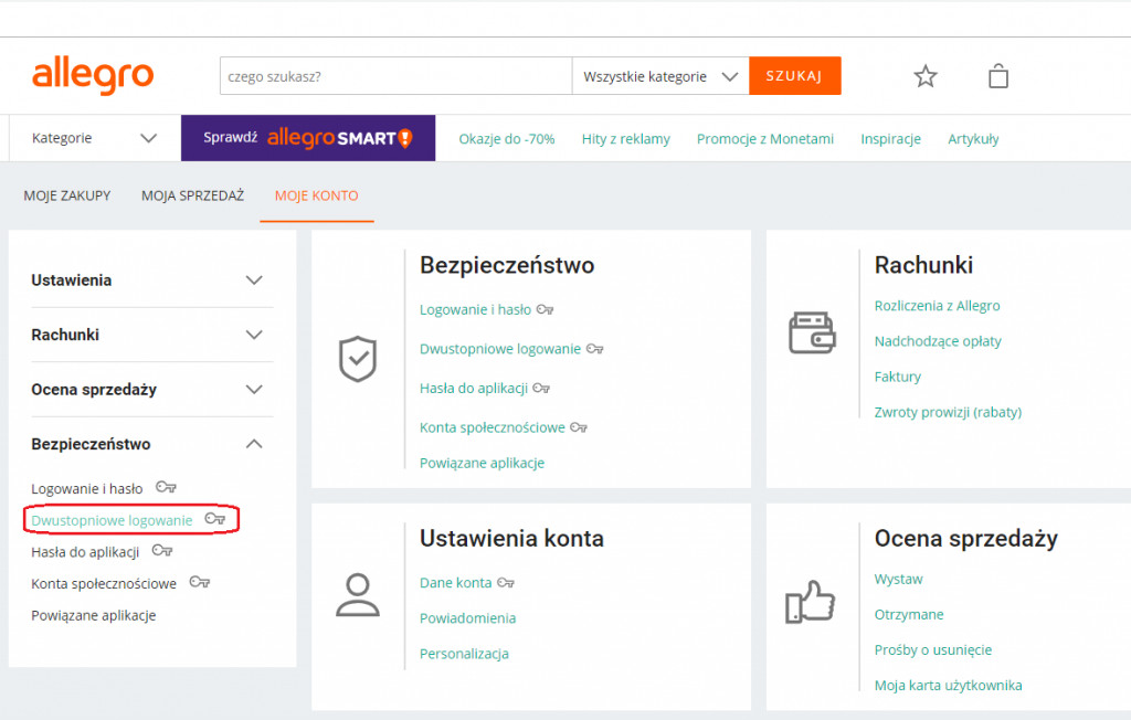 Widok ze strony internetowej Allegro