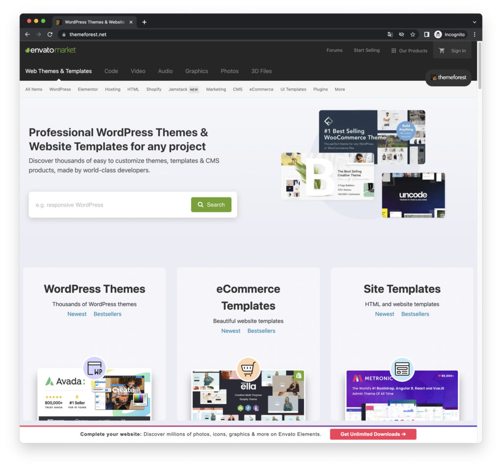 Okno witryny ThemeForest