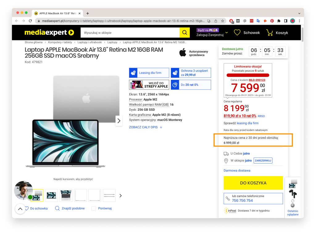 Screenshot ze strony internetowej, ukazujący stronę produktową laptopa