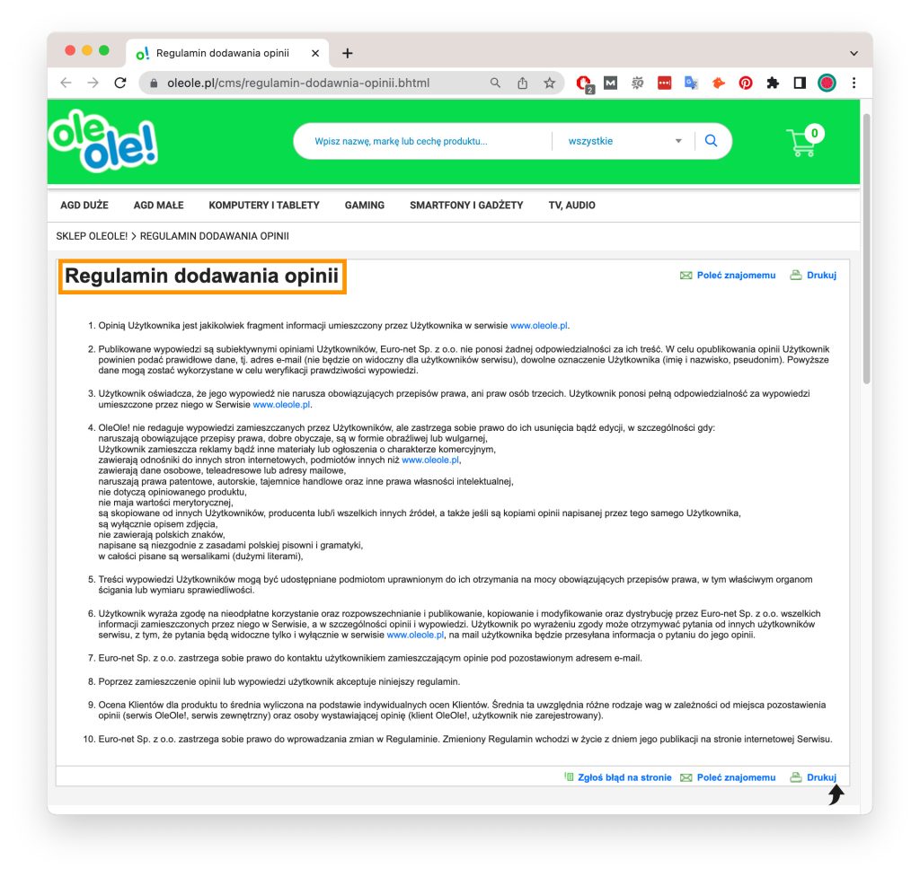 Screenshot ze strony internetowej ukazujący regulamin dodawania opinii
