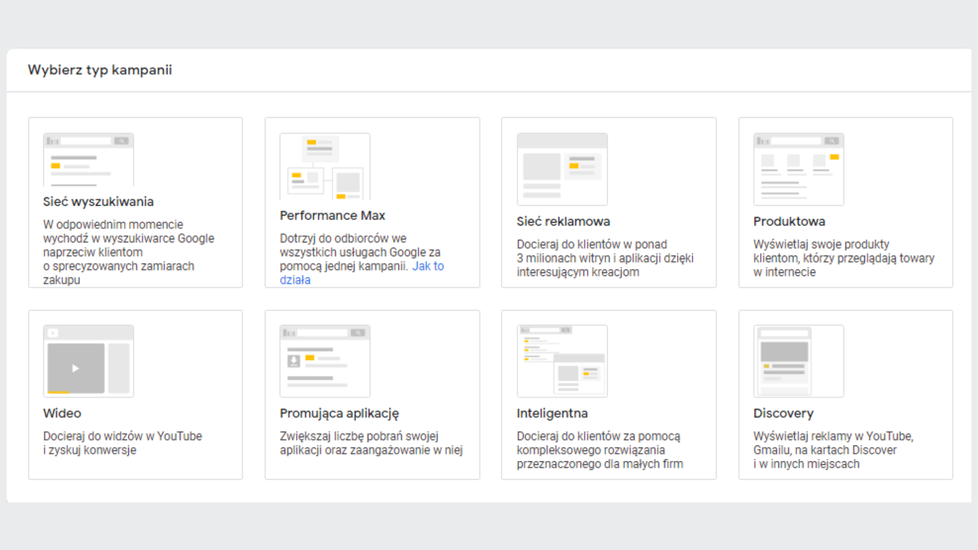 Widok interfejsu Gogle Ads z wyborem typu kampanii