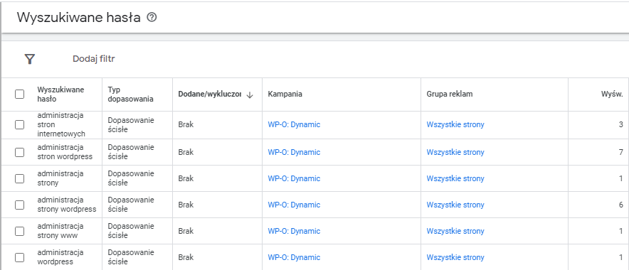 Widok z interfejsu Google Ads ukazujący wyszukiwane hasła