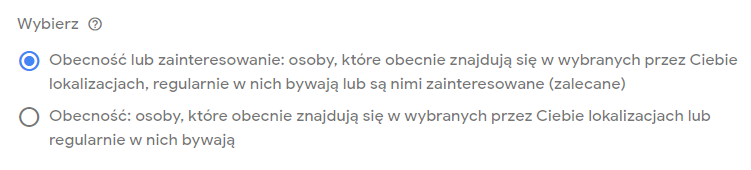 Zrzut ekranu interfejsu Google Ads z rozszerzonymi opcjami kierowania reklamy