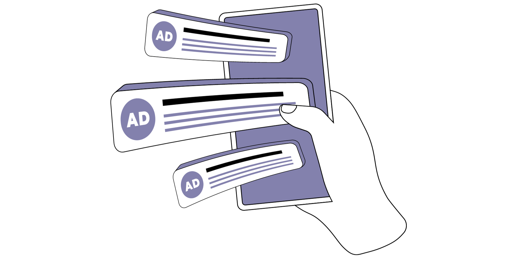 Grafika ukazuje dłoń trzymającą telefon, z którego wyłaniają się komunikaty reklamowe.