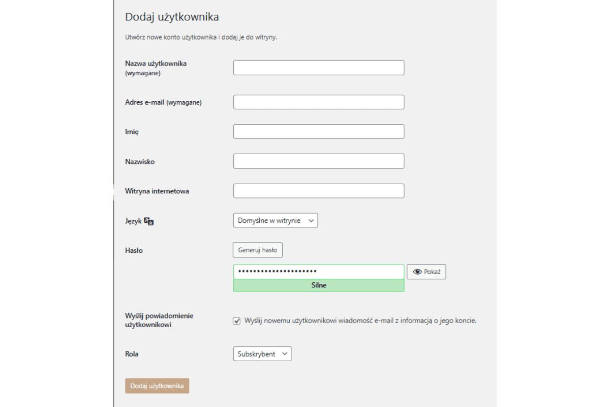 Dodanie nowego użytkownika WordPress oraz wybór roli użytkownika WordPress - krok 2
